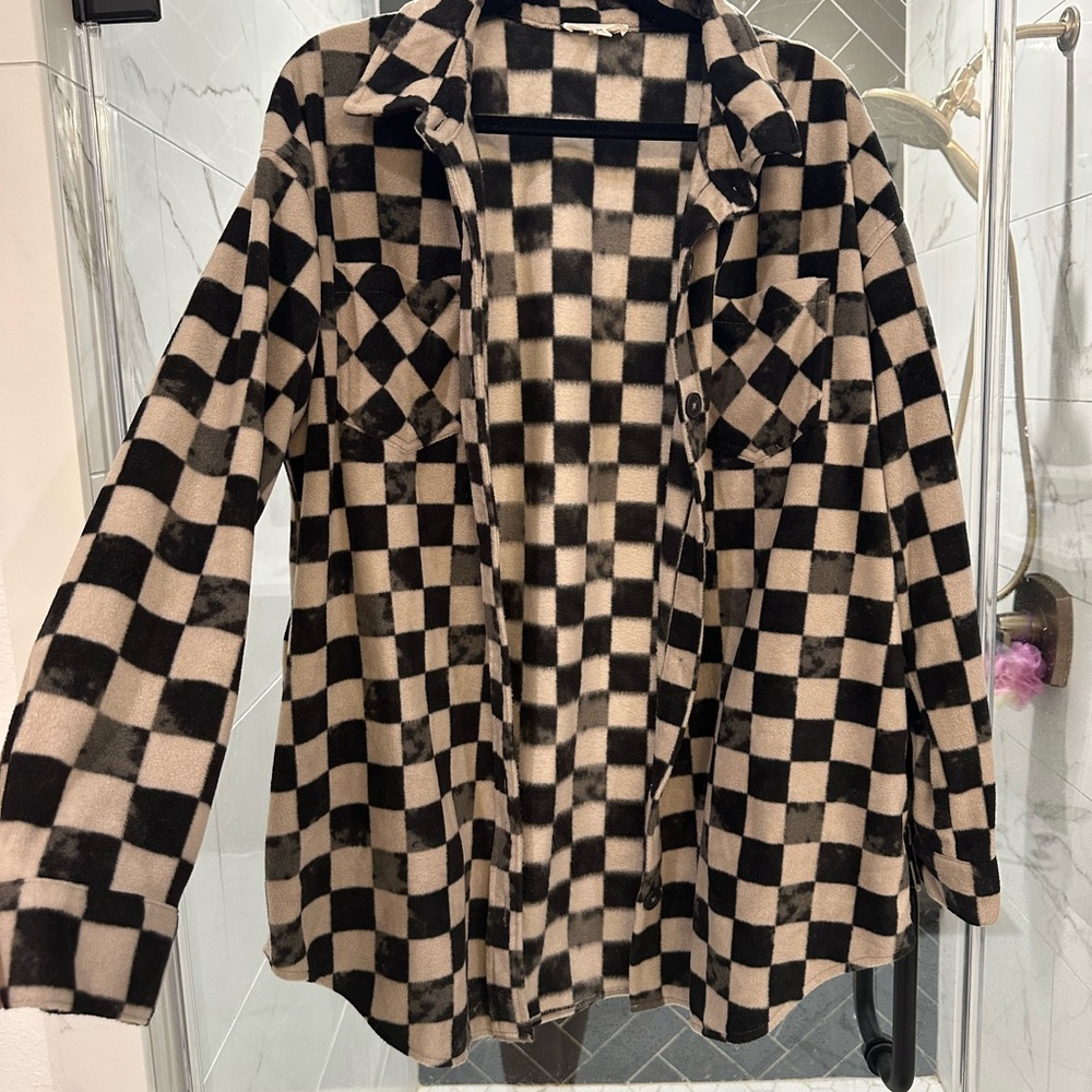 Maurices Black and Cream Checkered fleece shacket